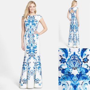 Eliza J Floral Print Crêpe de Chine Mermaid Gown